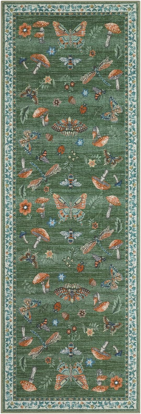 Mushroom Insect Rug 2x6 Runners for Hallways, Boho Kitchen Runner Rugs Non Slip Bath Runner, Modern Washable Runner Rug for Bedroom, Soft Long Rugs for Entryway Bathroom Laundry Dorm, Blue