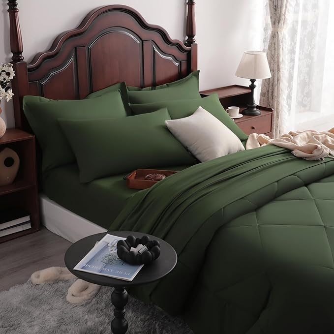 NTBAY Queen Comforter Set with Sheets, 7 Pieces Soft and Breathable Queen Bedding Set, Bed in a Bag, Down Alternative Comforter Set Solid Color All Season, Queen Bedding Set, Olive Green