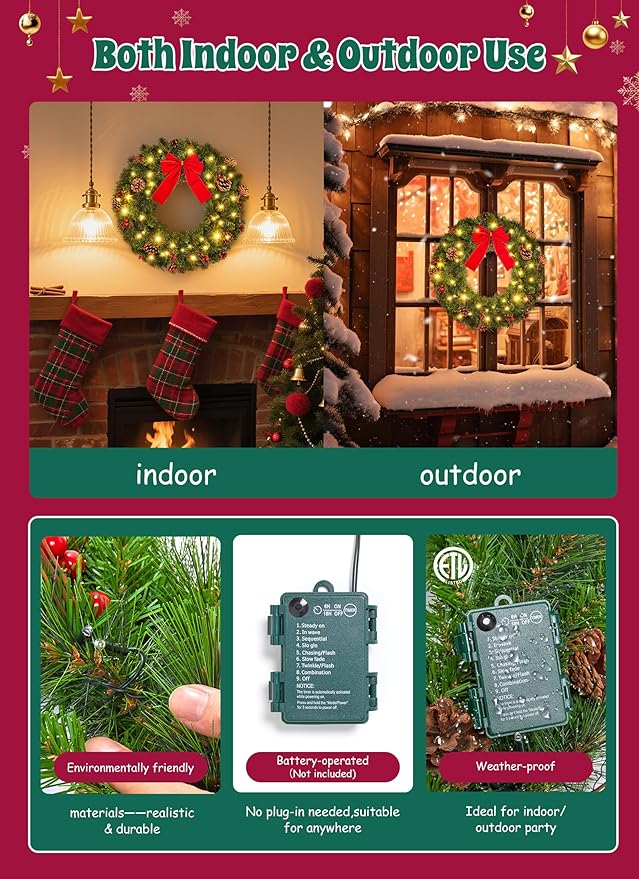 24 Inch Prelit Christmas Wreath for Front Door, Battery Operated LED Light Christmas Wreath with Bow and Pine Cones, Lighted Wreath Wall Windows Decoration