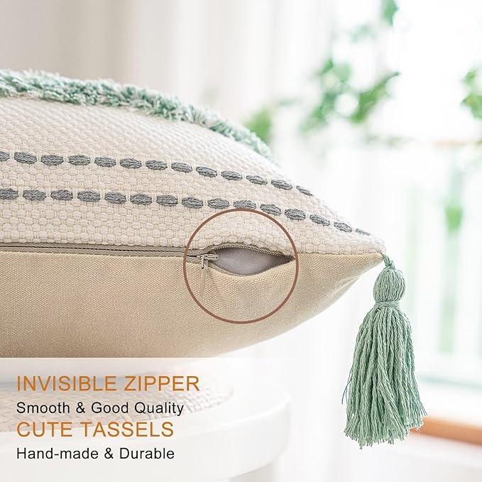 Boho Throw Pillow Covers 18x18 Set of 2 Woven Tufted Farmhouse Pillows Cover with Tassels Textured Striped Cushion Case Neutral Pillow Cases Decorative Pillowcase for Sofa, Couch, Bed, Light Green