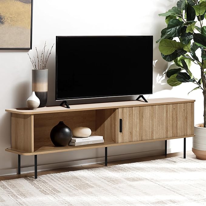 LuxenHome Modern TV Stand for 55/60/65 inch Television, Entertainment Center with Storage Cabinet, Mid Century Modern TV Cabinet with Sliding Doors for Living Room, Bedroom, TV and Media Console Table