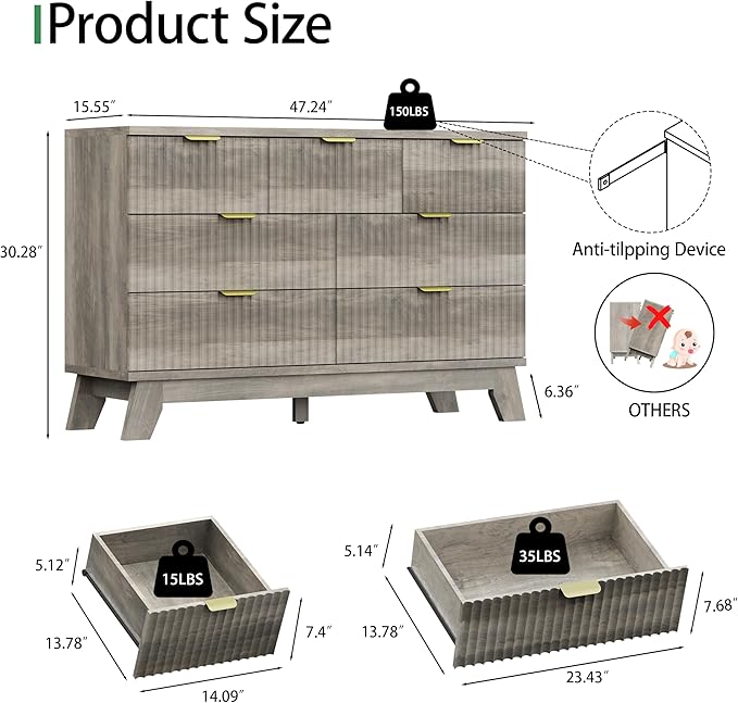 Fluted Dresser for Bedroom with 7 Drawers, 48" Wide Modern Chest of Drawers with Metal Handle, Wood Dresser TV Stand, Wooden Closet Clothes Storage Organizer for Living Room, Hallway, Grey