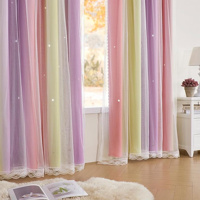 XiDi Pink Yellow Curtains for Bedroom Decor Blackout Curtains for Girls Kids Room Rainbow Unicorn Wall Decals 34X63 Inch Long 1 Panel