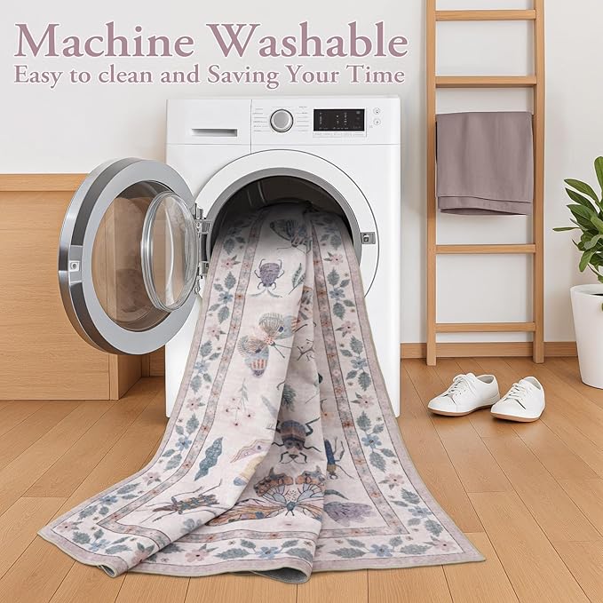 Lahome Insect Print Washable Rugs 8x10, Soft 8x10 Rugs for Living Room Dining Room Ultra-Thin, Non-Slip Modern Bedroom Rug Large Carpet Non-Shedding Accent Rug for Office Classroom(8x10ft,Pink)