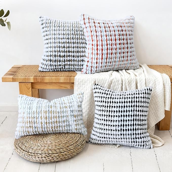 Boho Chenille Tufted Pillow Cover 24x24 Inch Set of 1, Farmhouse Striped Decorative Pillow Covers Accent Fluffy Neutral Square Pillowcases for Couch Sofa Bedroom Living Room, Brown Gray