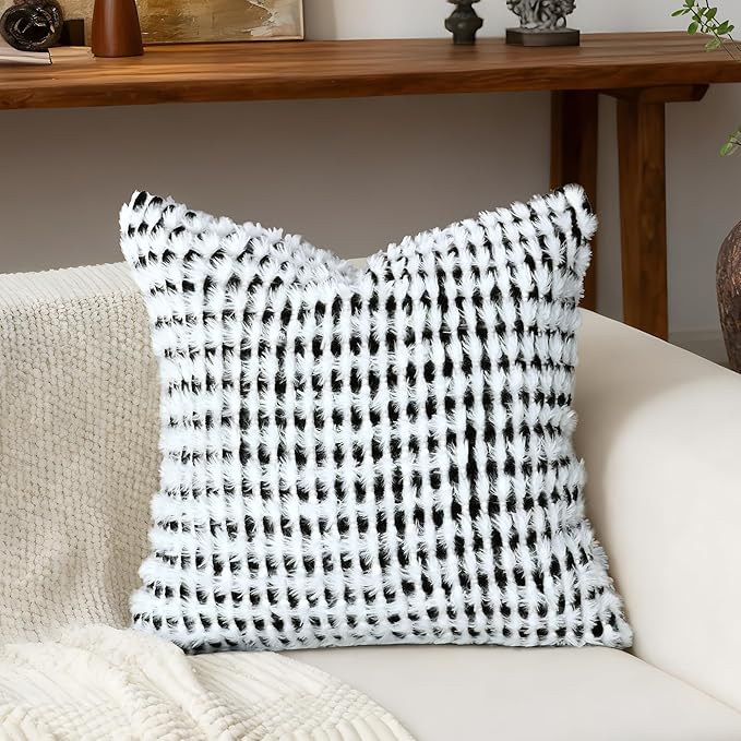 Boho Chenille Tufted Pillow Cover 18x18 Inch Set of 1, Farmhouse Striped Decorative Pillow Covers Accent Fluffy Neutral Square Pillowcases for Couch Sofa Bedroom Living Room, Black White