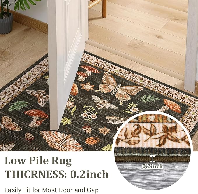 Mushroom Insect 5ft Round Rug Washable Non-Slip Soft Ultra-Thin Small Boho Circle Carpet for Entryway Kitchen Bedroom Nursery Dining Room Brown