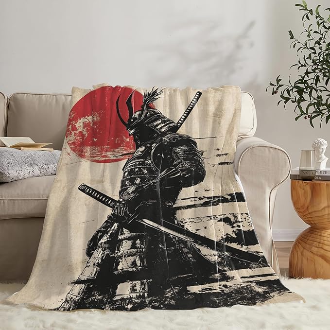 Tijuboni Japanese Samurai Throw Blanket Japanese Warrior Gifts for Men Women Girls Boys Kids Adults Soft Flannel Fleece Blanket for Couch Sofa Bed Home Decor 50"x60"