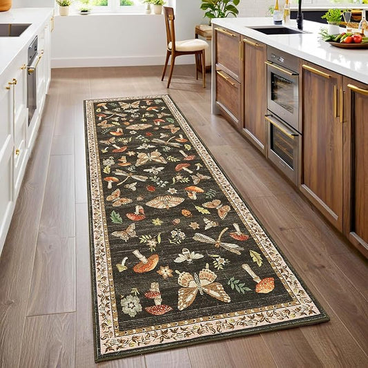 Mushroom Insect Washable Rug 2x6 Runners for Hallways, Boho Kitchen Runner Rugs Non Slip Bath Runner, Modern Bedroom, Soft Long Entryway Bathroom Laundry Dorm, Brown