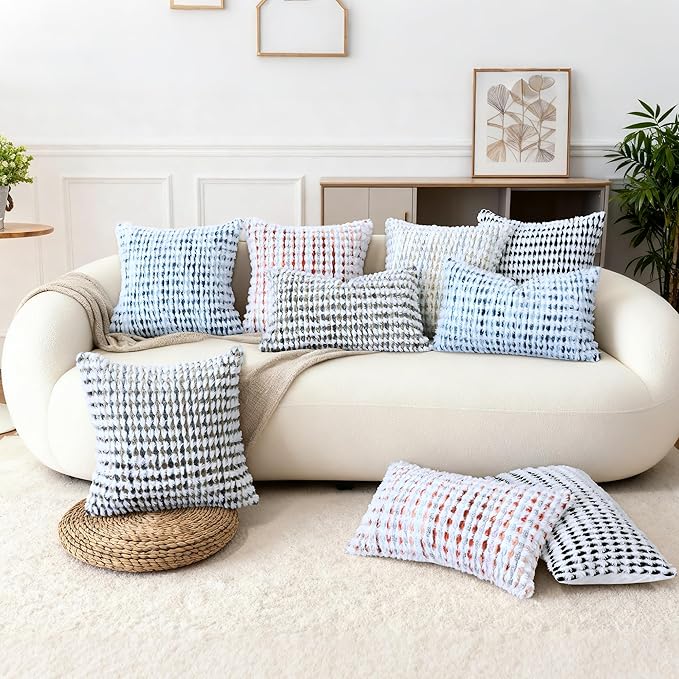 Boho Chenille Tufted Pillow Cover 12x20 Inch Set of 1, Farmhouse Striped Decorative Pillow Covers Accent Fluffy Neutral Lumbar Pillowcases for Couch Sofa Bedroom Living Room, Blue White