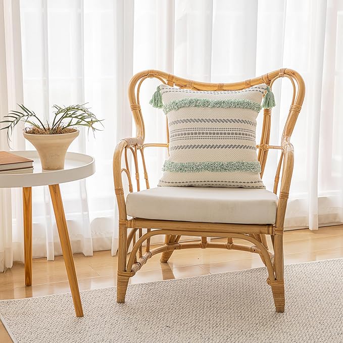 Boho Throw Pillow Covers 20x20 Set of 2 Woven Tufted Farmhouse Pillows Cover with Tassels Textured Striped Cushion Case Neutral Pillow Cases Decorative Pillowcase for Sofa, Couch, Bed, Light Green