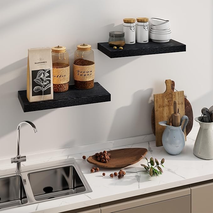 Fun Memories Rustic Black Floating Shelves 24 Inch Long, 8 Inch Deep Floating Shelf, 24 x 8 Wall Shelves Set of 2, Deep Black Bathroom Shelves, 24 Long Floating Bookshelf Wall Mounted