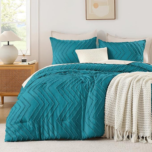 Andency Turquoise Comforter Set Queen Size, Boho Soft Warm Tufted Bedding Comforter Sets for Queen Size Bed, 3 Pieces Aesthetic Chevron Farmhouse Cute Bohemian Textured Bed Set
