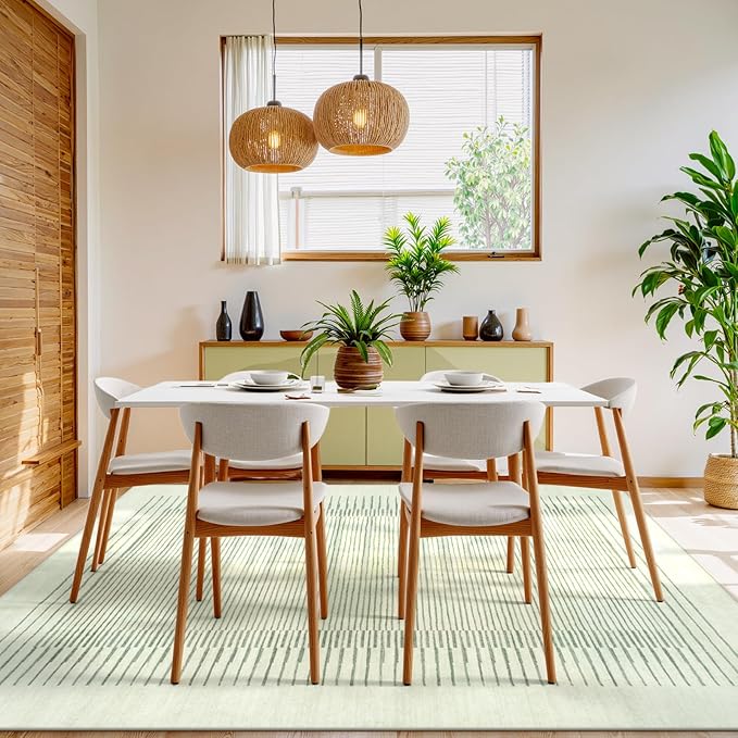 Morebes Green 8x10 Area Rug for Living Room, Modern Geometric Washable Bedroom Rugs Non Slip, Striped Soft Low Pile Indoor Carpet for Dining Room Home Department(8'x10',Sage Green)