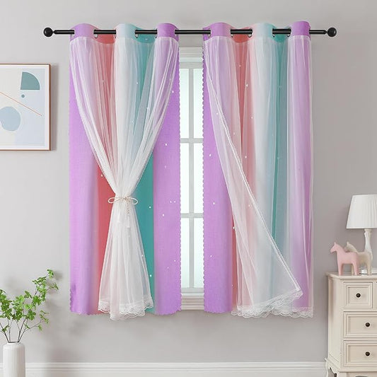 XiDi Curtains for Bedroom Decor, Rainbows Pink Purple Green 42/45/1