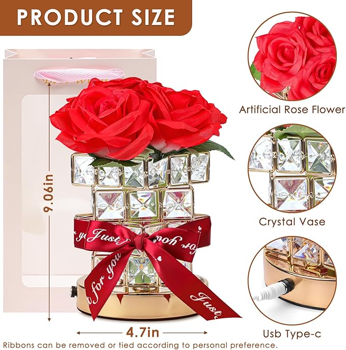 Rose Flower Table Lamp Gifts: for Women/Mother's Day/Mom/Grandma/Sister/Girlfriend, Battery Powered Small Night Light for Kitchen Bedroom Office Decor,Rechargeable Cordless Touch Crystal Lamp