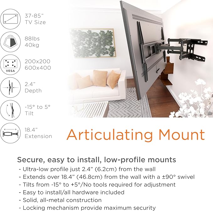 ProMounts Articulating/Full Motion Universal Swivel Heavy Duty TV Wall Mount, Adjustable Long Arm Bracket for 37-85 Inch LED, LCD Plasma Flat and Curved TV Screens holds up to 88 lbs, Max VESA 600x400