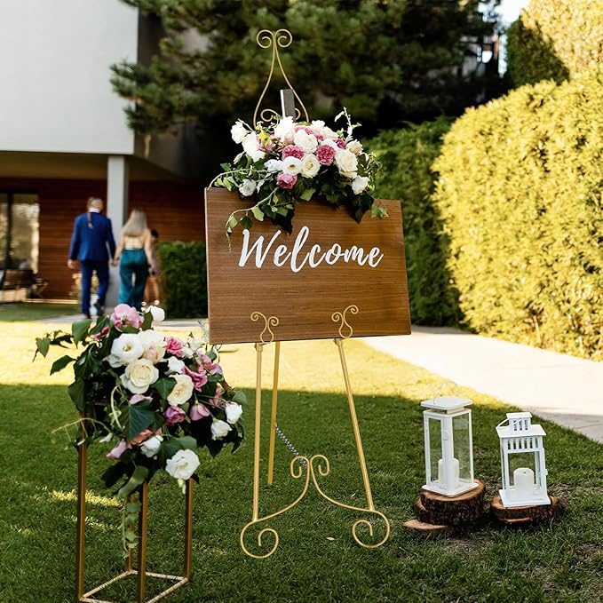 1 PC Easel Stand for Sign, Metal Poster Easel Holder, Adjustable Wedding Sign Stand with Chain Support for Display, Party Painting, Gold.