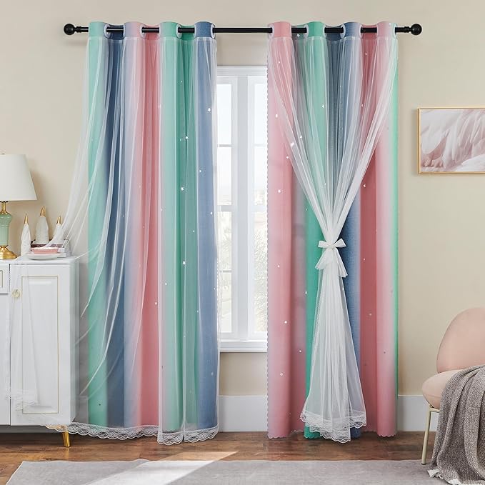 XiDi Pink Grey Curtains for Girls Bedroom, Unicorn Wall Decals Green Curtain, Kids Curtains Room Darking, 63 inchs Long Blackout Curtain 52 inches Wide 1 Panel