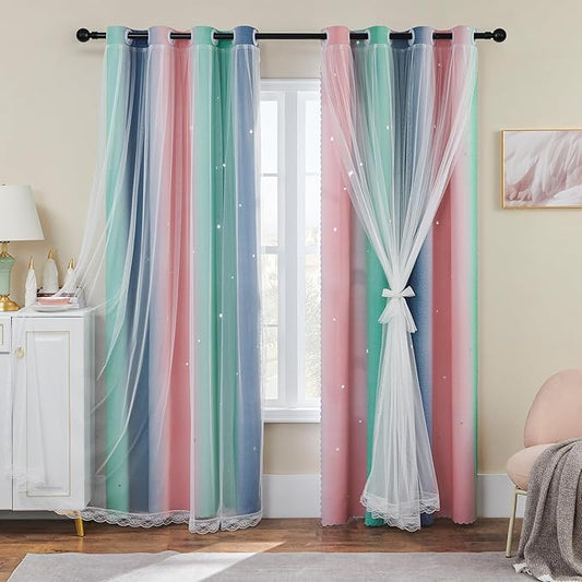 XiDi Pink Grey Curtains for Girls Bedroom, Unicorn Wall Decals Green Curtain, Kids Curtains Room Darking, 63 inchs Long Blackout Curtain 52 inches Wide 1 Panel