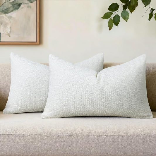 Textured Boucle Pillow Covers 12x20 Inch Set of 2, Striped Solid Pillowcases Cozy Soft Modern Accent Boho Lumbar Decorative Throw Pillows for Couch Sofa Bed Living Room Home Decor, White
