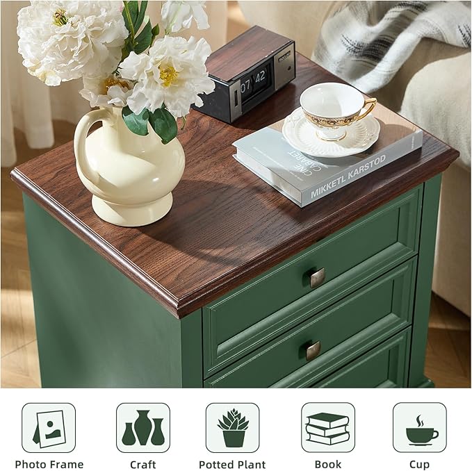 Farmhouse Nightstand Set of 2, Rustic Accent End Table with 3 Drawers & 4 Square Solid Wood Legs, Vintage Bed Side Table with Storage, Small Dresser for Bedroom, Living Room, Green