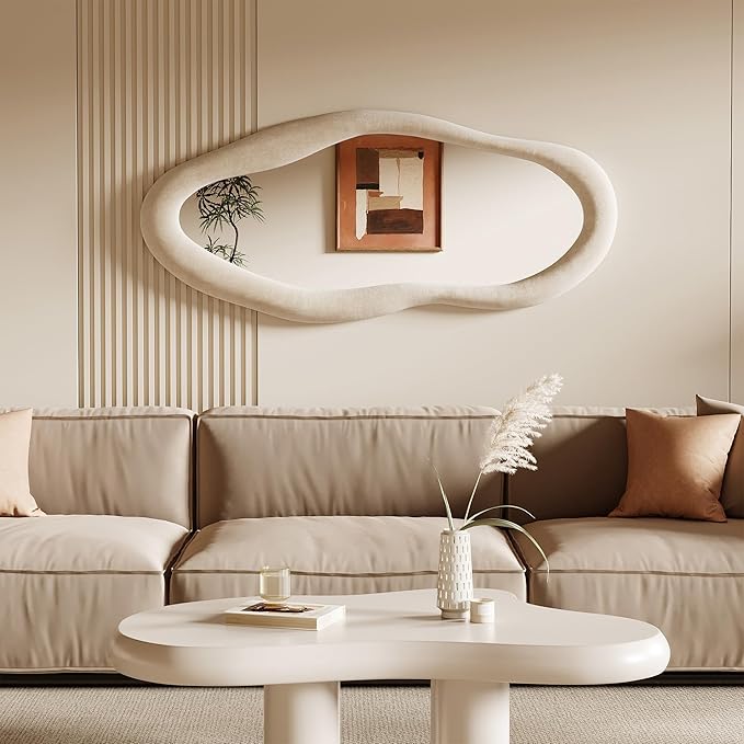 Honyee 55" x 24" Wall Mirror, Flannel Wrapped Wooden Frame Wavy Mirror, Irregular Mirror Hanging for Cloakroom/Bedroom/Living Room, Ivory White