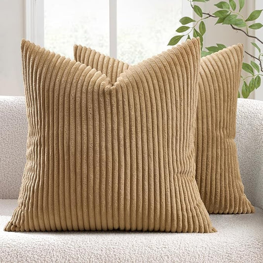 MIULEE Winter Pack of 2 Corduroy Soft Soild Decorative Square Throw Pillow Covers Set Cushion Cases Pillowcases for Sofa Bedroom Car 18 x 18 Inch 45 x 45 Cm Khaki