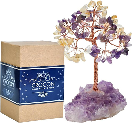 "Amethyst & Citrine Crystal Tree with Cluster Base Tree of Life Decor for Shelf, Bedroom, Birthday Gifts for Women, Sister Gift, Birthday Gifts for Mom, Cute Home Office Decor Housewarming present"