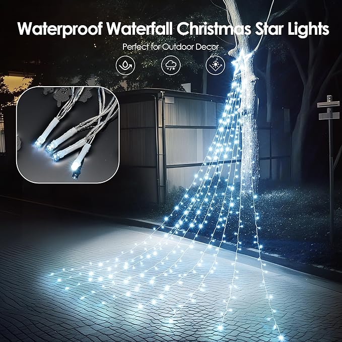 WBao Outdoor Christmas Decorations with 12" Star Topper, 344 LED 11.9ft Waterfall Christmas Lights with Remote Control, 8 Modes, 3 Timers, UL Listed, Waterproof for Tree Roof Porch Decor, Cool White
