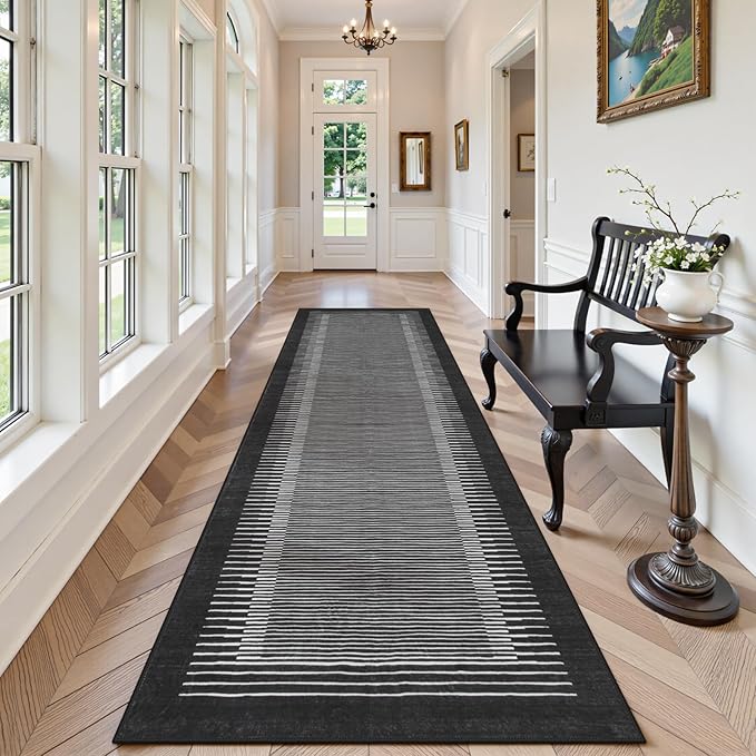 Morebes Modern 2.5x8 Runners for Hallways Non Slip, Black Kitchen Runner Rug Non Skid Washable Bathroom Runner, Stain Resistant Soft Low Pile Indoor Carpet for Hallway Entryway Bedroom