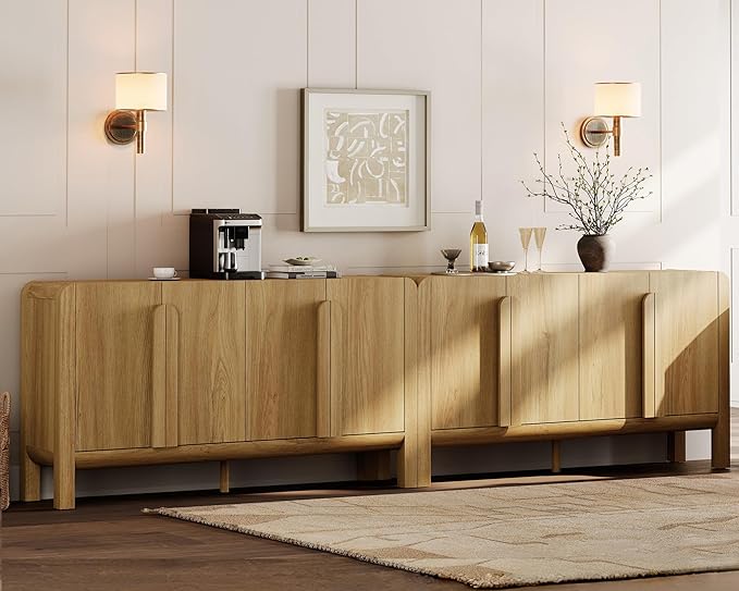 WAMPAT 126" W Large Buffet Sideboard Cabinet with Storages, Modern Buffet Table Coffee Bar Wine Bar Storage Curved Cabinet with 4 Doors for Dining Room, Living Room, Kitchen,Walnut