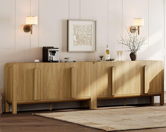 WAMPAT 126" W Large Buffet Sideboard Cabinet with Storages, Modern Buffet Table Coffee Bar Wine Bar Storage Curved Cabinet with 4 Doors for Dining Room, Living Room, Kitchen,Walnut