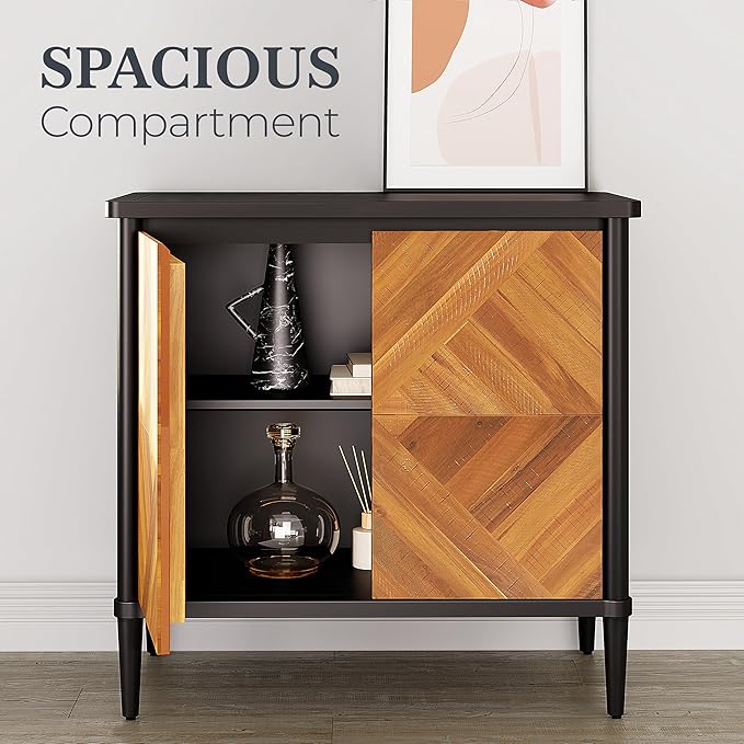 Lenia Solid Wood Storage Cabinet with Diamond Pattern Doors, Rustic Farmhouse Accent Cabinet for Living Room, or Entryway, Easy Assembly, Teak Brown