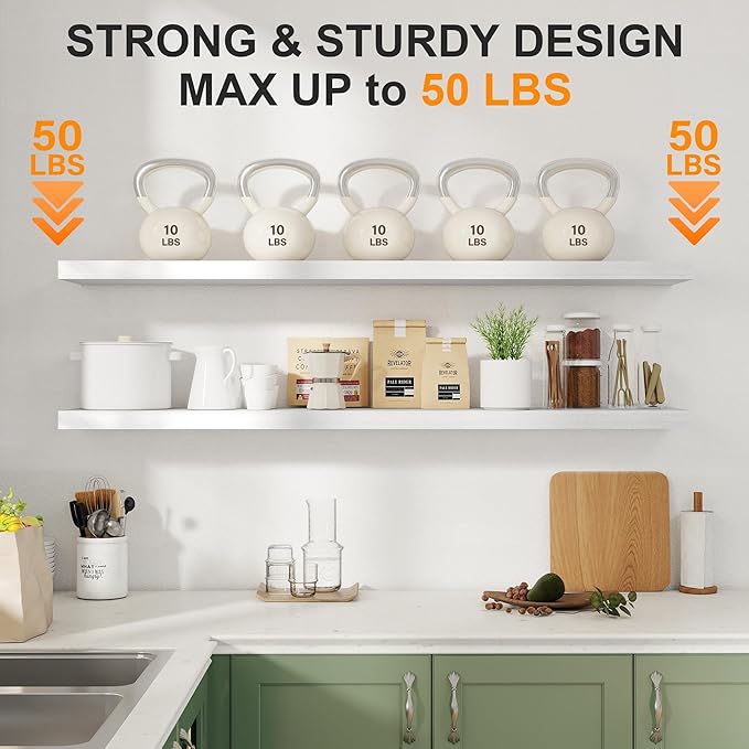 Fun Memories 55 Inch Floating Shelves for Wall 2 Pack Shelves for Bedroom|Kitchen|Bathroom Wall Mounted Rustic Wood Floating Shelf with Invisible Brackets for Books|Storage|Decor, White