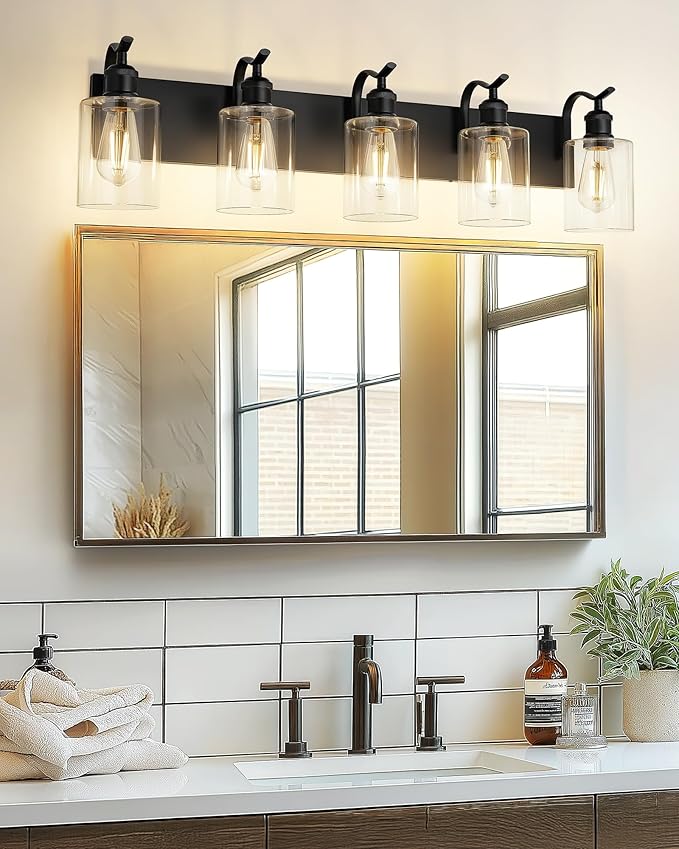 5 Light Bathroom Vanity Light, Black Light Fixture Morden Bathroom Lighting Fixtures Over Mirror Black Wall Sconces with Clear Glass Shade ZCVL01BK-5