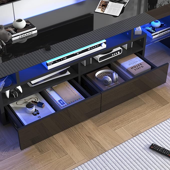 TV Stand with 16 Color LED Lights, Media Console with Drawer and Glass Open Shelf for 75/85/90 inch TV, Modern Gloss Entertainment Center for Living Room Bedroom, Black