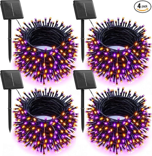 Brightown 4 Pack Solar Halloween String Lights, Total 184FT 480 LED Solar Lights Outdoor Waterproof Black Wire with 8 Modes, Solar Fairy Light for Garden Yard Patio Party Decors, Orange and Purple