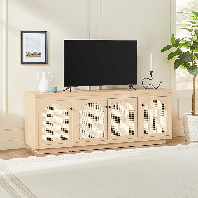 Walker Edison Sasha 4-Door Sideboard Buffet with Arched Rattan Panels, 70 Inch, Coastal Oak