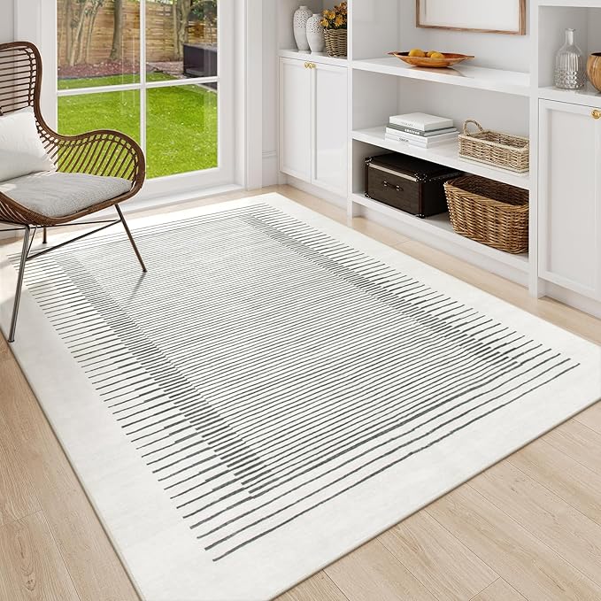 Morebes Modern 5x7 Washable Rug for Living Room, Geometric Stain-Resistant Soft Bedroom Rug, Non Slip Low Pile Indoor Carpet for Dining Room Home Office (5'x7',White)