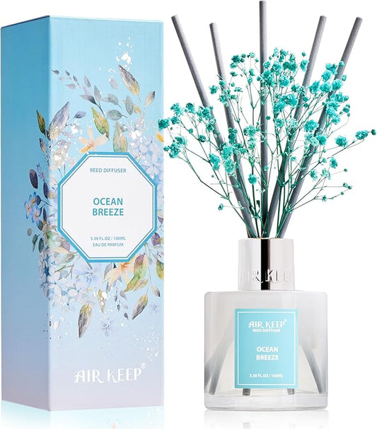 Airkeep Reed Diffuser Set,3.38 fl oz (100 ml) - Ocean Breeze Oil Diffusers with 8 Reed Sticks, Home Fragrance Reed Diffuser for Bathroom Shelf Decor