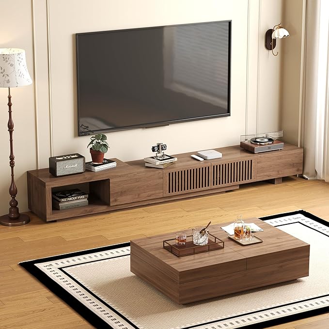 Mid-Century Modern TV Stand & Expandable Coffee Table Set, Walnut Finish, Stylish Storage Combo for Living Room or Bedroom (78.54“ to 103" TV Stand+Coffee Table)