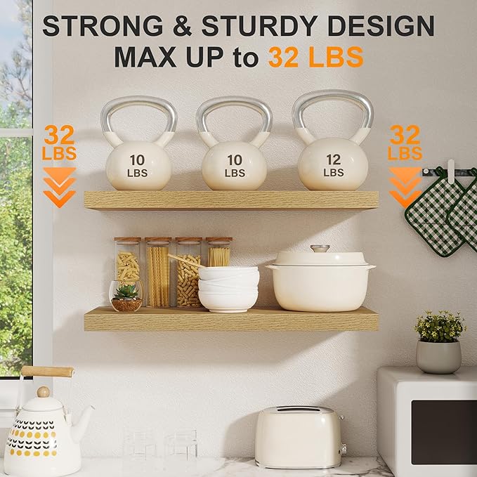 Floating Shelves for Wall, 27.5 Inch Bathroom Shelves Set of 2, Rustic Wood Wall Shelf with Invisible Brackets for Books|Storage|Decor, 8 Inch Deep Floating Shelf for Bedroom|Kitchen, Oak