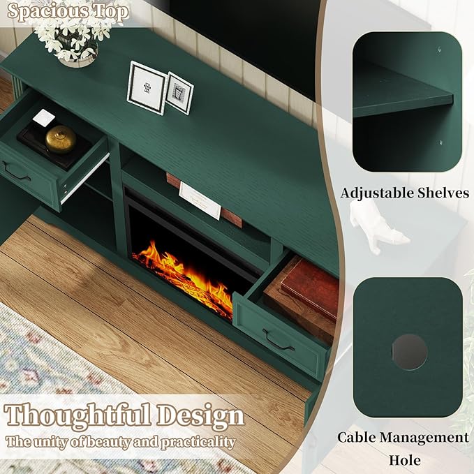 ARTPOWER Fireplace TV Stand for TV up to 65'', Consoles Cabinet with Adjustable Shelves, Modern Entertainment Center with Storage for Living Room, Green
