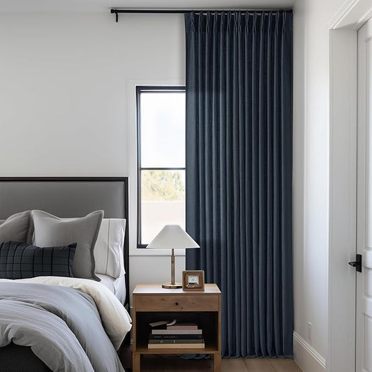 80 Inch Pinch Pleated Linen Curtains 2 Panels Set for Living Room Bedroom Boho Farmhouse Light Filter Navy Blue Indigo Semi Sheer Back Tab Pinch Pleat with Hooks Rings Window Curtain 80 Inches Long