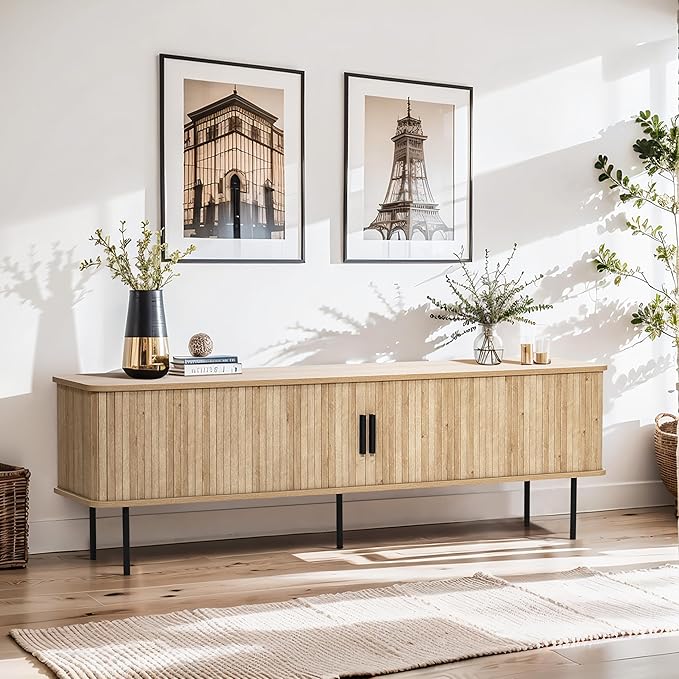 LuxenHome Modern TV Stand for 55/60/65 inch Television, Entertainment Center with Storage Cabinet, Mid Century Modern TV Cabinet with Sliding Doors for Living Room, Bedroom, TV and Media Console Table
