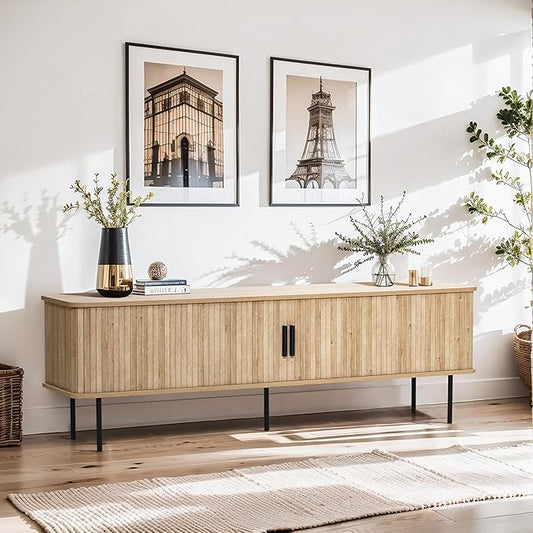 LuxenHome Modern TV Stand for 55/60/65 inch Television, Entertainment Center with Storage Cabinet, Mid Century Modern TV Cabinet with Sliding Doors for Living Room, Bedroom, TV and Media Console Table