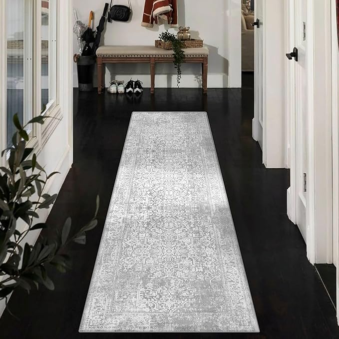 vivorug Runner Rug 2'x7' Vintage Washable Non-Slip Runners for Hallways Kitchen Entryway Laundry Room Carpet Hallway Runner Ivory/Silver