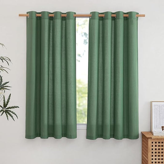 NICETOWN Thick Linen Olive Green Curtains for Bedroom, Grommet Window Treatment Privacy Added with Light Filtering Flax Linen Blend Drapes for Nursery, 2 Panels, W55 x L63