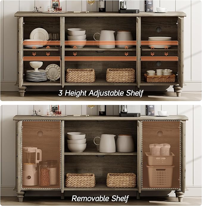 WAMPAT Glass Door Farmhouse TV Stand for TVs up to 65 inch, Wood TV Console Table with Storage Cabinets, Entertainment Center for 32-60 inch TV Console Cabinet, 58 Inch, Grey